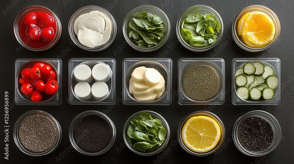 Variety of meal prep containers filled with different foods arranged on a clean surface Variety of meal prep containers filled with different foods arranged on a clean surface