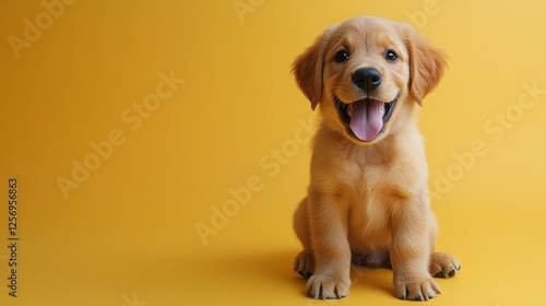 Obraz na płótnie Happy Golden Retriever puppy on yellow (1) w salonie