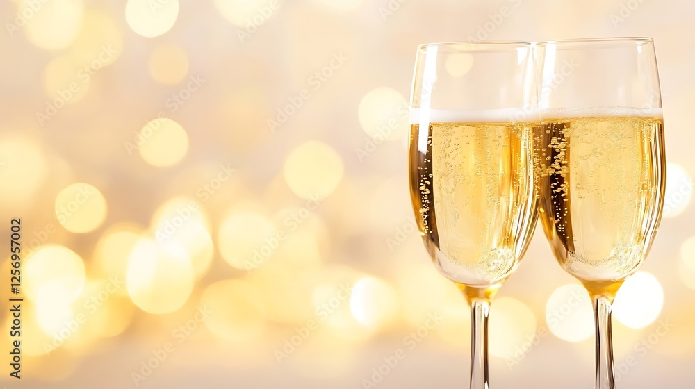 Two Flute Glasses Filled with Sparkling Champagne Toasting Against a Glitzy Background : Generative AI Two Flute Glasses Filled with Sparkling Champagne Toasting Against a Glitzy Background : Generative AI