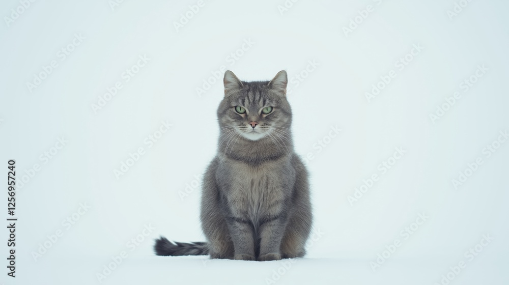 Fototapeta premium photograph of a gray cat sitting on a white background. The cat is facing the camera and is looking directly at the camera with a curious expression. Its fur is soft and fluffy