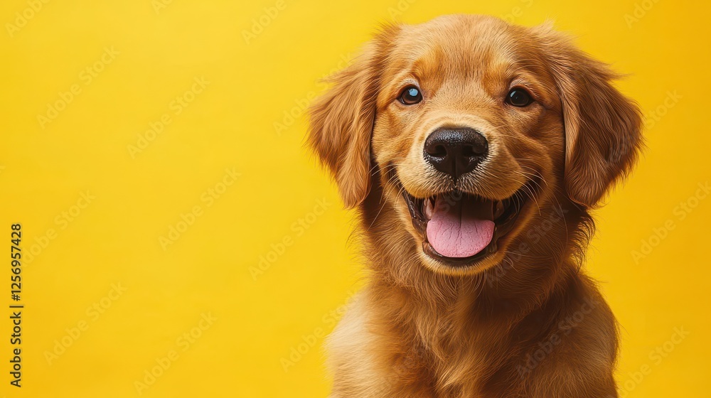 Happy golden retriever puppy on yellow