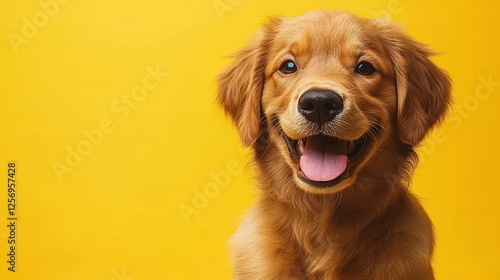 Obraz na płótnie Happy golden retriever puppy on yellow w salonie