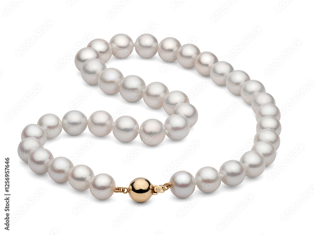 Freshwater white Pearl Necklace on white background with natural shadow high in luster 10mm with round gold ball clasp Freshwater white Pearl Necklace on white background with natural shadow high in luster 10mm with round gold ball clasp