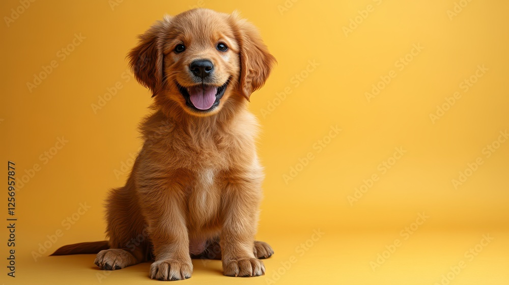 Happy Golden Retriever puppy on yellow background