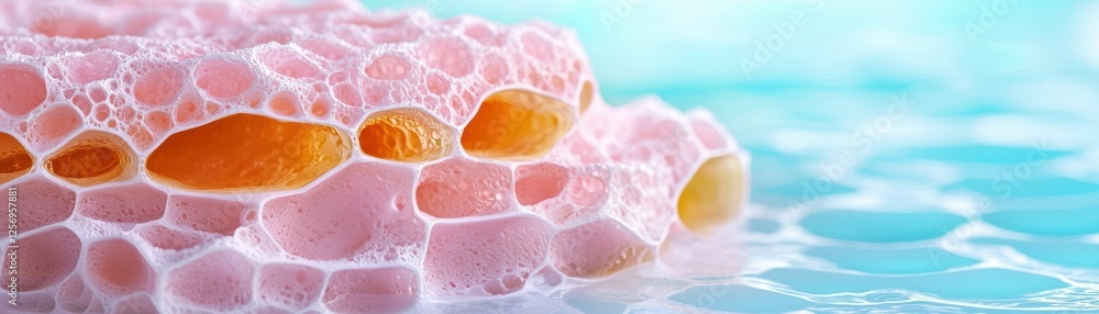 Abstract Pink Sponge Structure on Blue Background Abstract Pink Sponge Structure on Blue Background