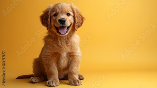 Obraz na płótnie Happy Golden Retriever puppy on yellow background w salonie