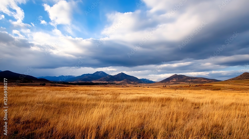 Obraz premium Breathtaking view of rolling hills and golden grasslands under dramatic skies dotted with luminous clouds : Generative AI