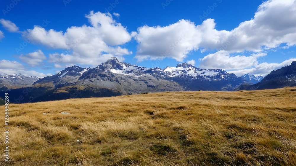 Stunning view of vast mountain landscape under a blue sky with fluffy clouds on a sunny day : Generative AI Stunning view of vast mountain landscape under a blue sky with fluffy clouds on a sunny day : Generative AI