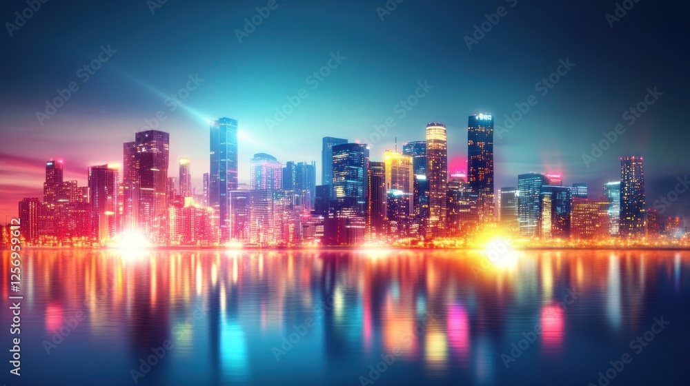 Obraz premium A vibrant city skyline illuminated at night, reflecting on calm waters.