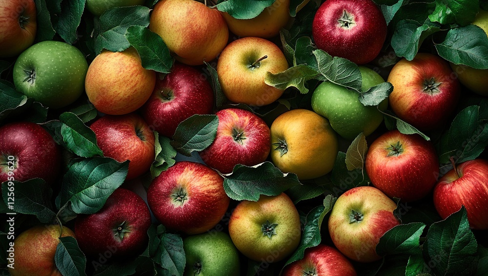Juicy Apples: A Colorful Harvest of Red, Green, and Yellow Apples Garnished with Lush Leaves Juicy Apples: A Colorful Harvest of Red, Green, and Yellow Apples Garnished with Lush Leaves