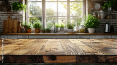 Sunlit wooden kitchen counter with potted plants, bright window view, and cozy atmosphere creating a warm and inviting feel for culinary and interior designs photo