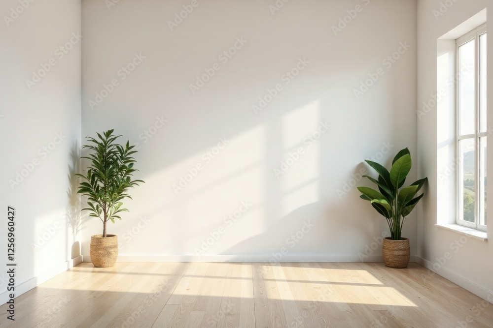 Fototapeta premium Sunlit Room Interior with Two Potted Plants in Woven Baskets and Light Hardwood Floor