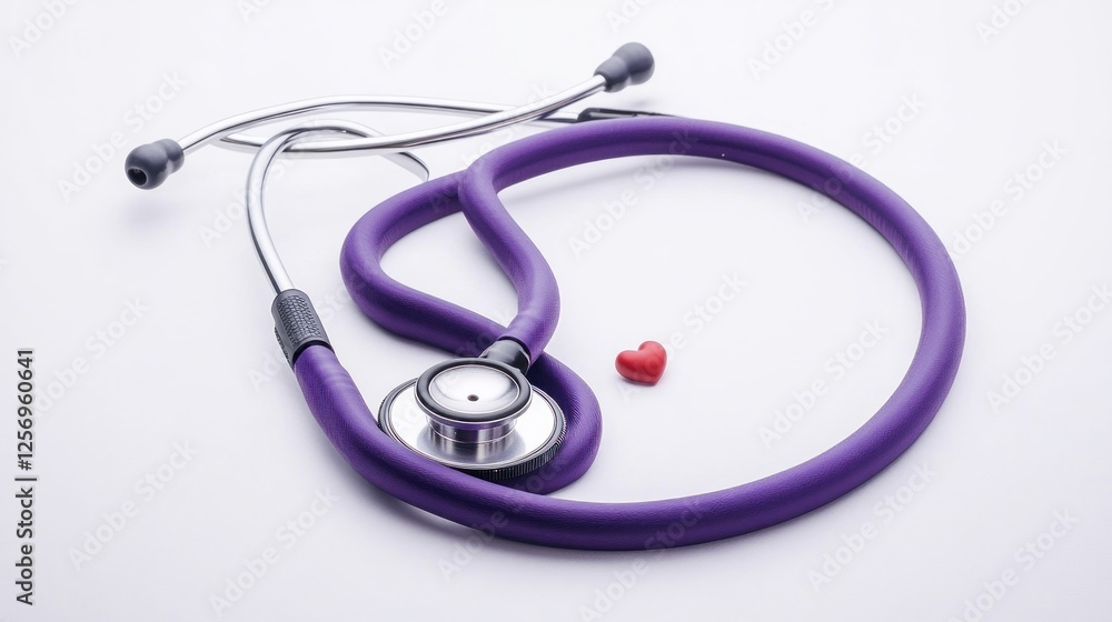 Purple stethoscope on white background with small red heart. Medical tool Purple stethoscope on white background with small red heart. Medical tool