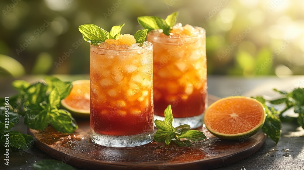 Iced tea with oranges, mint, summer garden