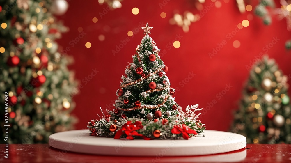 Obraz premium Magical christmas atmosphere with small christmas tree on podium and twinkling lights in background