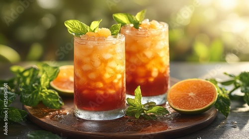 Iced tea with oranges, mint, summer garden