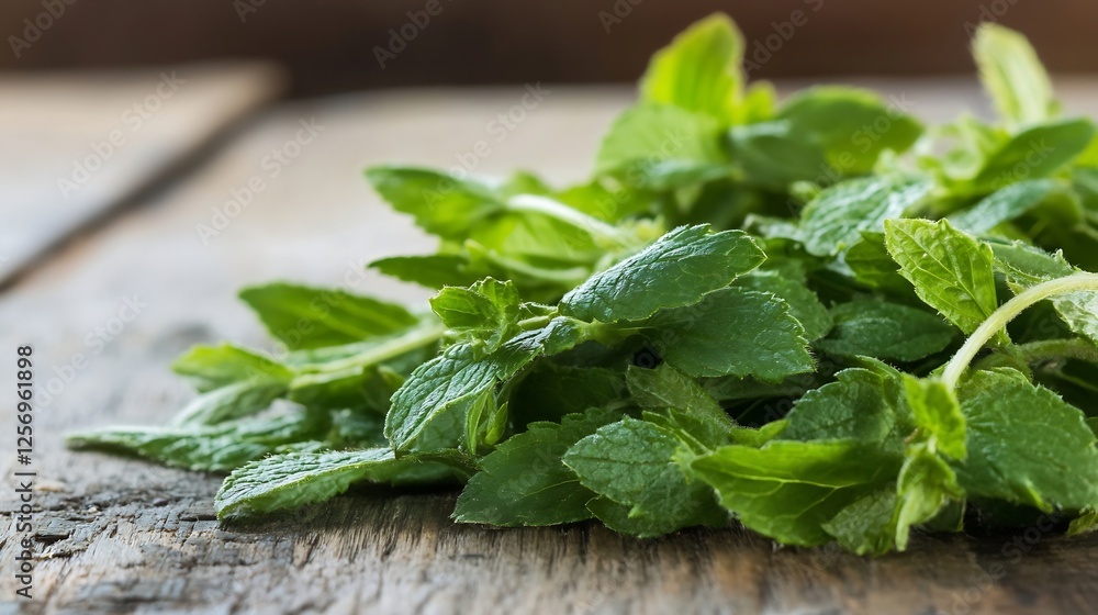 Fresh Green Mint Leaves Basking in Natural Light on a Wooden Surface : Generative AI Fresh Green Mint Leaves Basking in Natural Light on a Wooden Surface : Generative AI