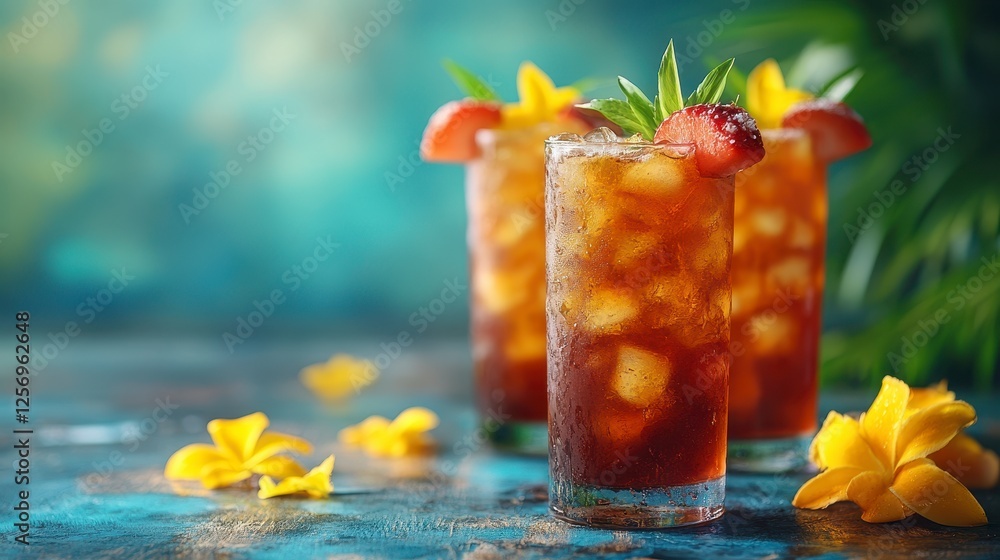 Iced tea with strawberries, summer refreshment, tropical background