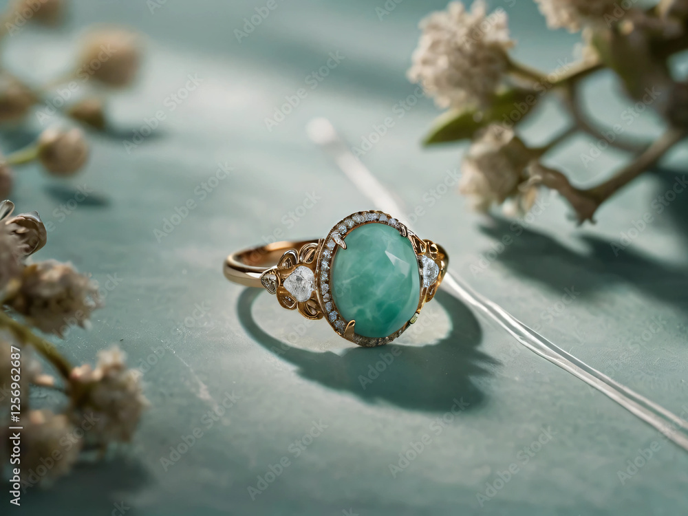 Naklejka premium An elegant amazonite engagement ring with a prominent solitaire, set on a slender gold band.