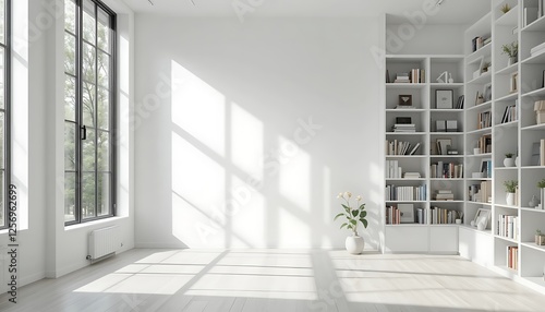 Bright Minimalist White Room Interior Design with Built-in Bookshelves and Large Windows