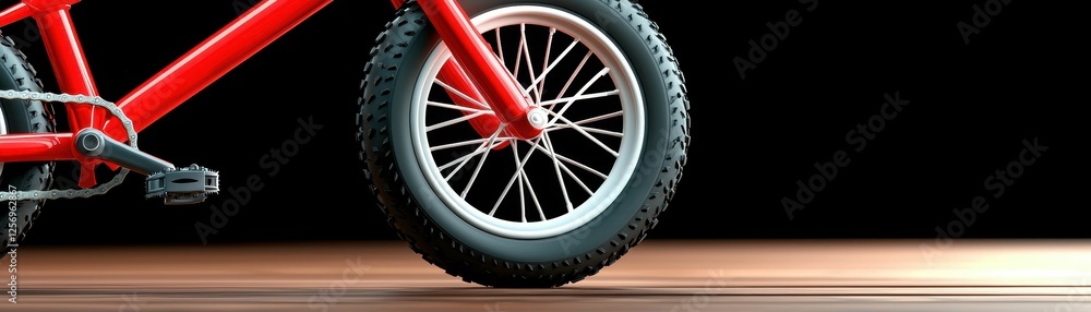 Red bicycle wheel on a wooden surface. Red bicycle wheel on a wooden surface.