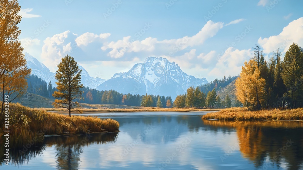 Fototapeta premium Serene Autumn Lake with Majestic Mountain Reflections