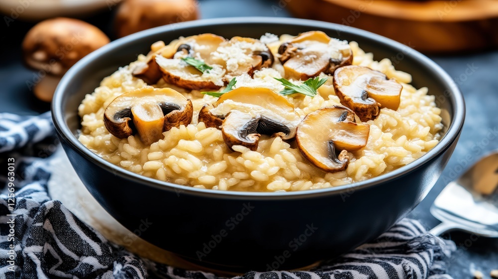 Bowl of creamy risotto with saut?ed mushrooms on a wooden table ready to be served Bowl of creamy risotto with saut?ed mushrooms on a wooden table ready to be served