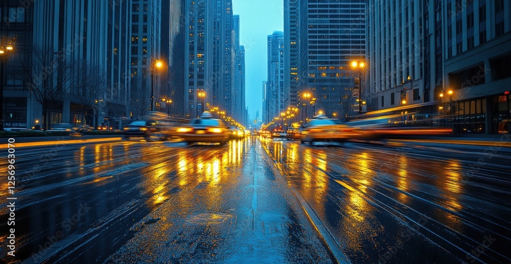 Naklejka premium Busy city street at dusk with blurred taxis and glowing streetlights reflecting on wet pavement