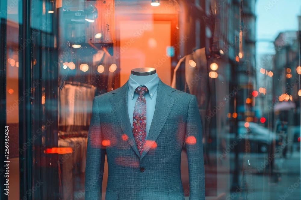 A gray suit with a tie is displayed on the mannequin in front of the window. A gray suit with a tie is displayed on the mannequin in front of the window.