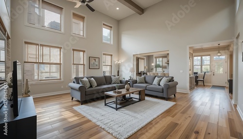 Modern Living Room Interior Design with High Ceilings and Hardwood Floors