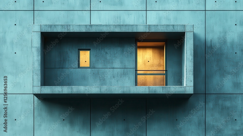 Illuminated balcony recessed in concrete wall, modern architecture background
