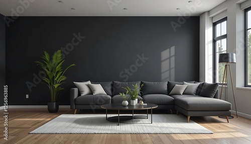 Modern Dark Gray Sectional Sofa in Minimalist Living Room with Large Window and White Rug