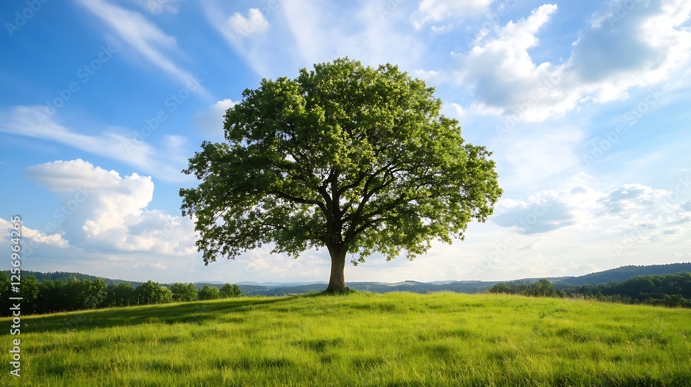 Majestic solitary tree standing on a vast green field under a bright blue sky : Generative AI Majestic solitary tree standing on a vast green field under a bright blue sky : Generative AI