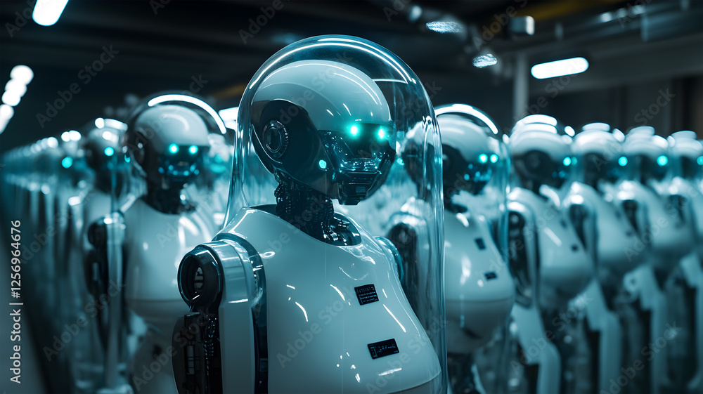 Fototapeta premium Secret Underground Robotics Lab with Rows of Futuristic Machines