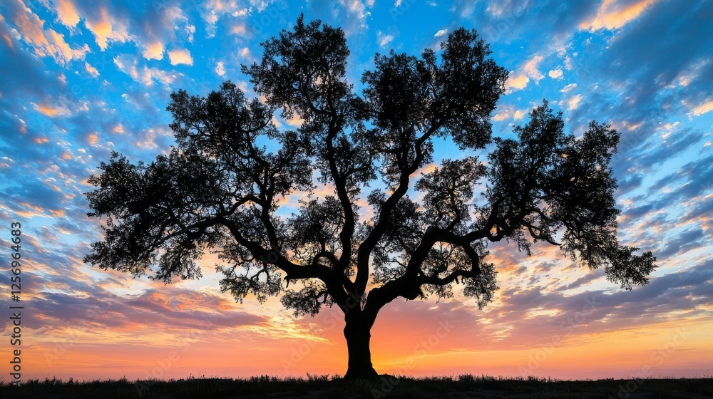 Majestic Silhouette of a Large Tree Against a Vibrant Sunset and Dramatic Sky in a Serene Landscape Majestic Silhouette of a Large Tree Against a Vibrant Sunset and Dramatic Sky in a Serene Landscape