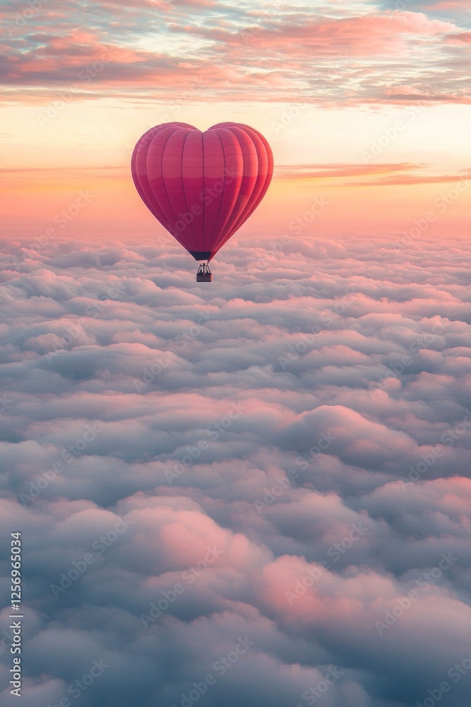 Obraz premium A heart-shaped hot air balloon floating above the clouds, with pink and red hues, creating an enchanting Valentine's Day scene. The sky has soft pastel colors, adding to the romantic atmosphere. 