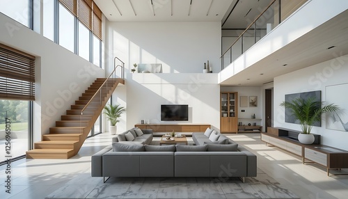 Modern Minimalist Open Plan Living Room with Wooden Staircase and Large Windows