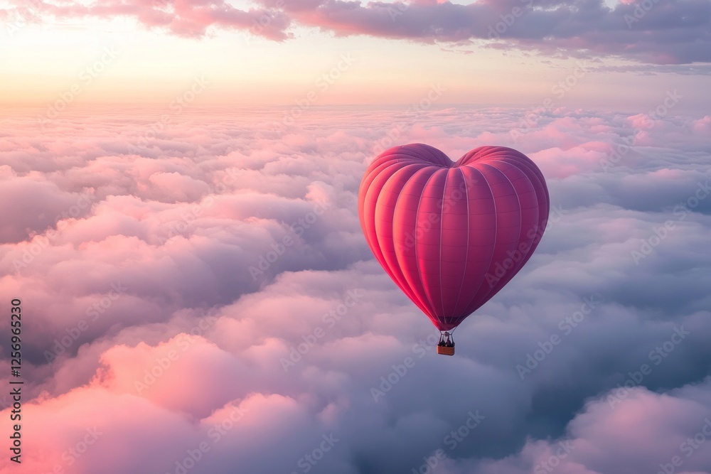 Fototapeta premium A heart-shaped hot air balloon floating above the clouds, with pink and red hues, creating an enchanting Valentine's Day scene. The sky has soft pastel colors, adding to the romantic atmosphere. 