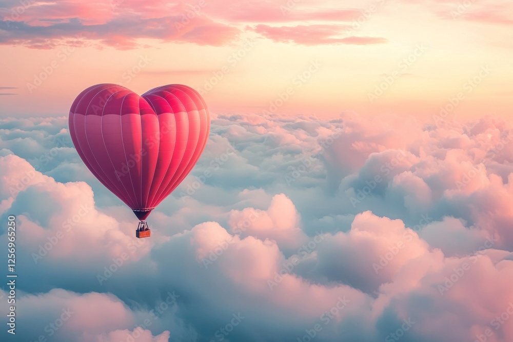 Obraz premium A heart-shaped hot air balloon floating above the clouds, with pink and red hues, creating an enchanting Valentine's Day scene. The sky has soft pastel colors, adding to the romantic atmosphere. 