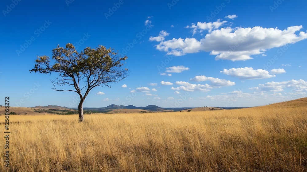 Lone tree standing tall in a vast golden field under a bright blue sky : Generative AI Lone tree standing tall in a vast golden field under a bright blue sky : Generative AI