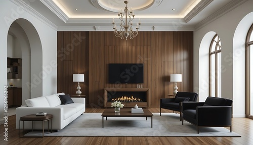 Modern Luxury Living Room with Fireplace, Elegant Decor, and Arch Windows