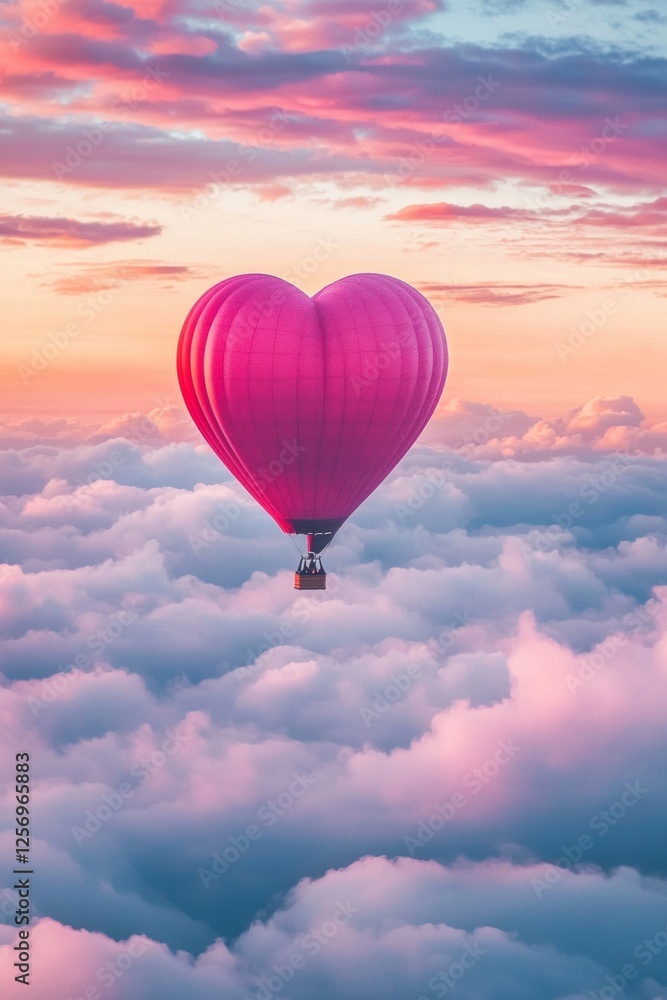 Fototapeta premium A heart-shaped hot air balloon floating above the clouds, with pink and red hues, creating an enchanting Valentine's Day scene. The sky has soft pastel colors, adding to the romantic atmosphere. 