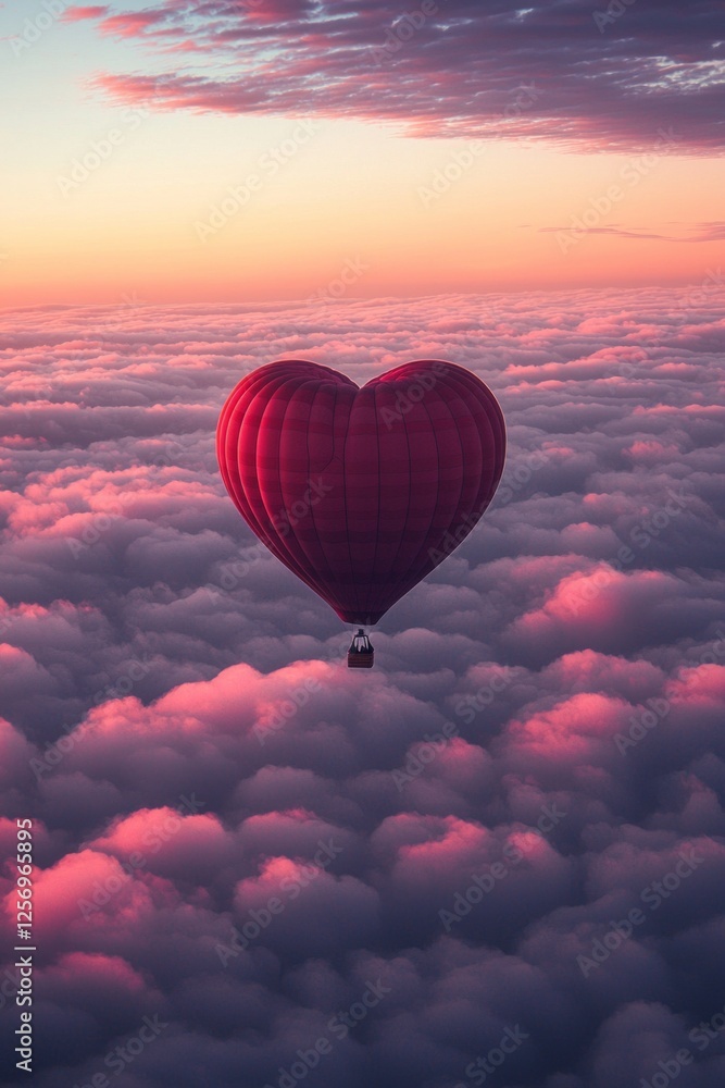 Fototapeta premium A heart-shaped hot air balloon floating above the clouds, with pink and red hues, creating an enchanting Valentine's Day scene. The sky has soft pastel colors, adding to the romantic atmosphere. 