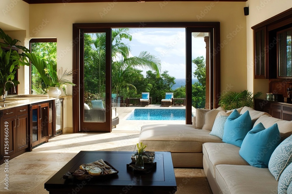 Relaxing Tropical Home Design: Sectional Sofa, Pool View, Sliding Glass Doors, Ocean Breeze, Tranquil Interior, Luxurious Getaway, Island Lifestyle, Modern Architecture, Open Floor Plan, Natural Light