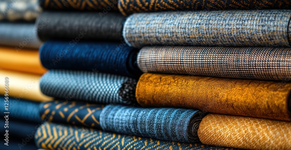 Close-up view of a vibrant fabric stack showcasing various textures and patterns in a textile shop Close-up view of a vibrant fabric stack showcasing various textures and patterns in a textile shop