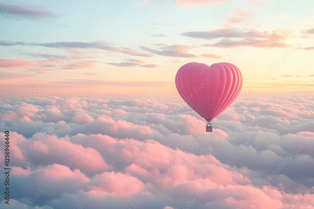 Obraz premium A heart-shaped hot air balloon floating above the clouds, with pink and red hues, creating an enchanting Valentine's Day scene. The sky has soft pastel colors, adding to the romantic atmosphere. 