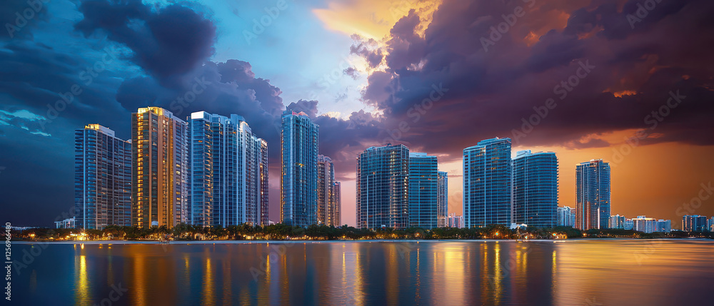 Obraz premium A stunning skyline at sunset reflects on tranquil waters, showcasing modern architecture against dramatic clouds.