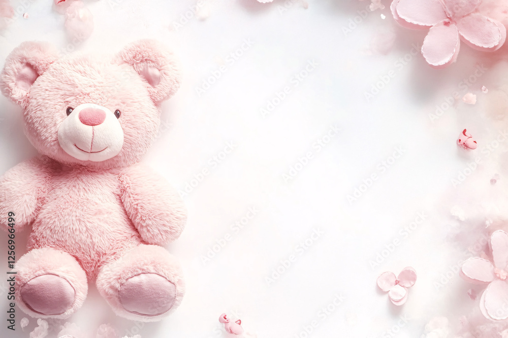Fototapeta premium pink teddy bear and flowers on a white background for baby girl shower or birthday card design