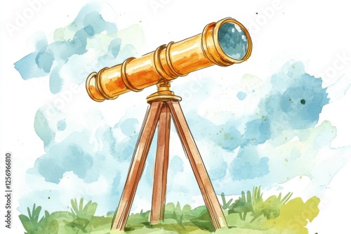 A beautiful watercolor illustration of a vintage telescope on a wooden tripod, set against a soft blue and green background, ideal for exploration themes. photo