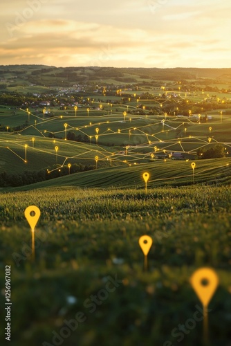 A landscape view of idyllic countryside with yellow pins or icons representing the location and distance between various areas, interconnected by lines to symbolize global network technology. 